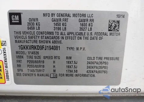 2015 GMC Acadia Slt-1 z USA, uszkodzony, nr VIN 1GKKVRKD9FJ194081